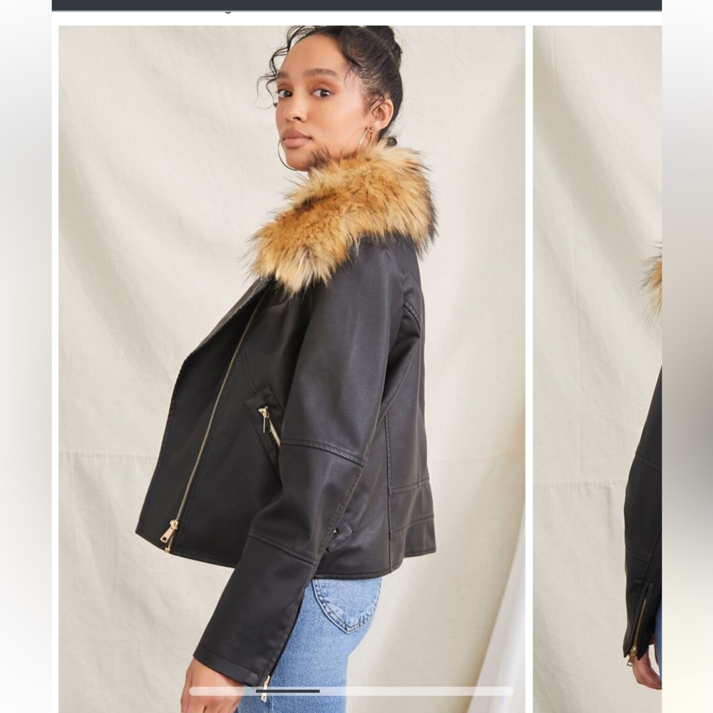 NWT Forever21 Faux Leather Biker jacket Size M Sherpa lined removable fur - Picture 2 of 11